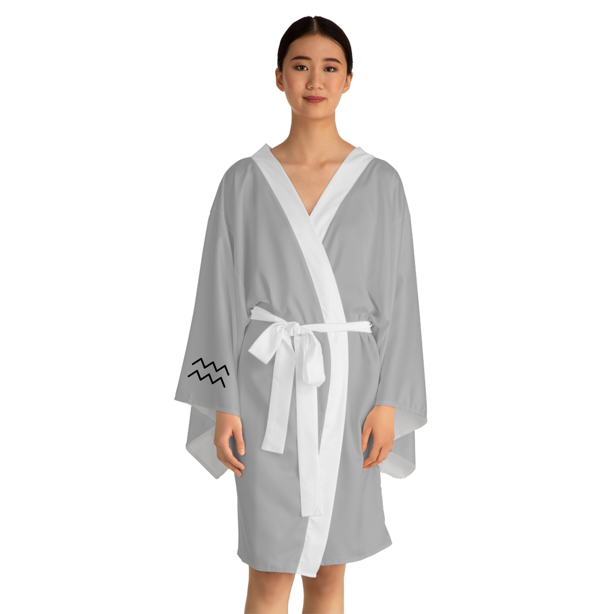Aquarius Kimono Robe Silver — Zodiac Long Sleeve Kimono with Vertical Script (Feb 1 – Feb 18)